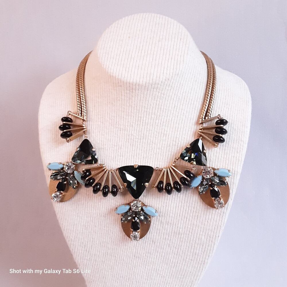 💎J.Crew Statement Choker Bib Necklace Geometric Black Green Clear Stones